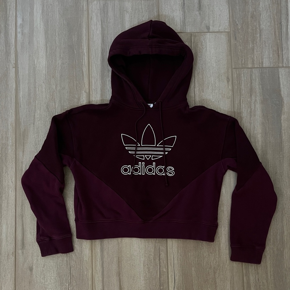 Adidas Maroon Embroidered Cropped Hoodie